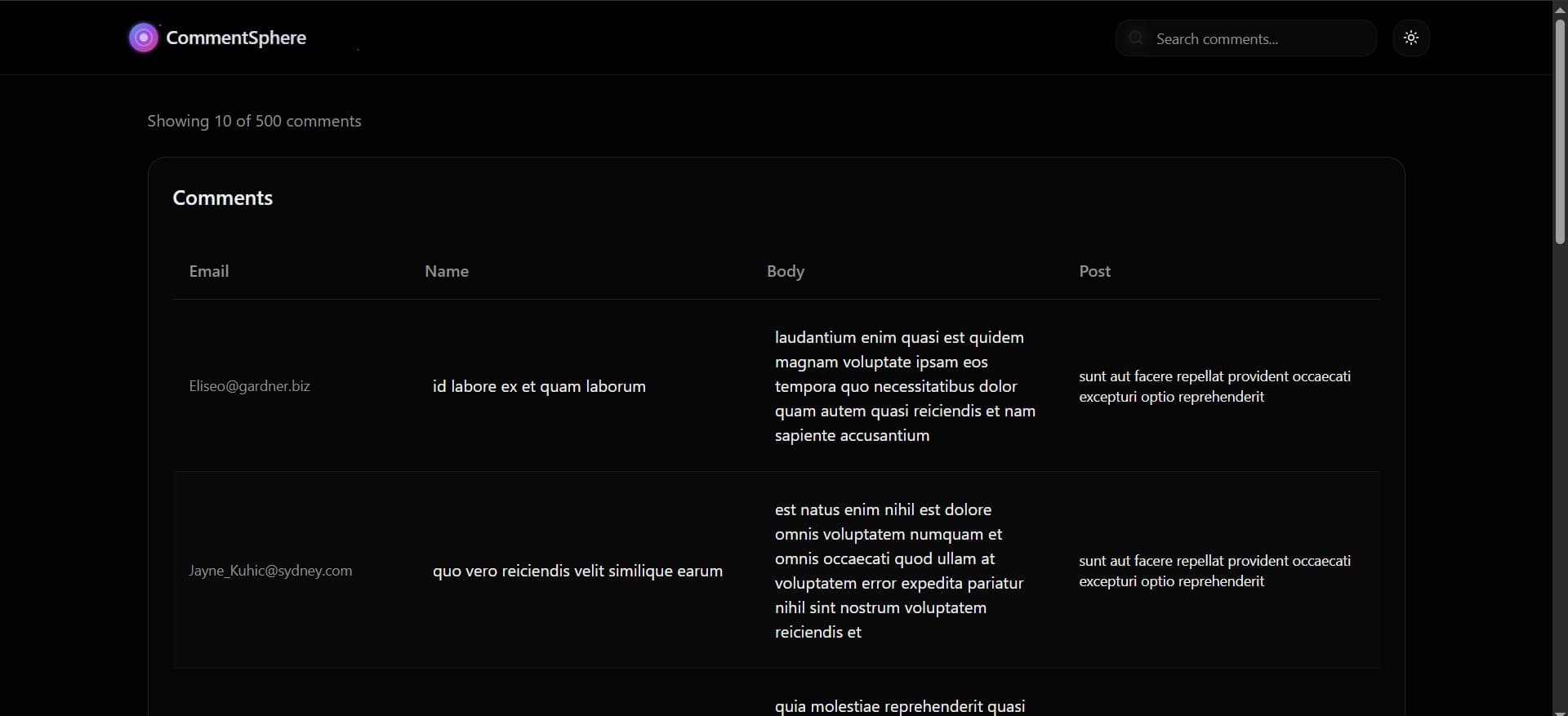 Comments Table screenshot
