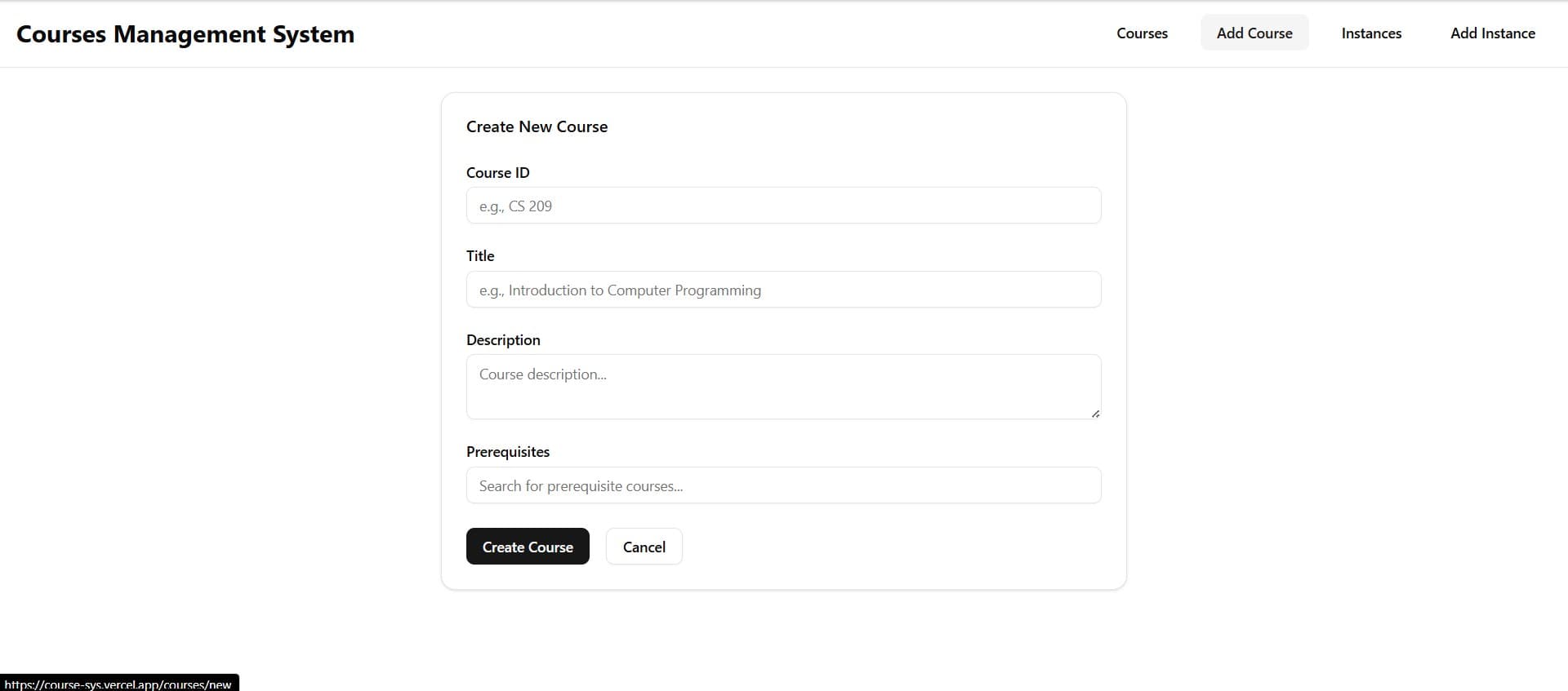 Courses Management System screenshot